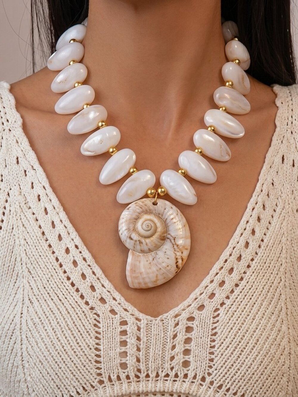 Chunky Shell Statement Necklace | Cream Resin Beaded Collar with Spiral Nautilus